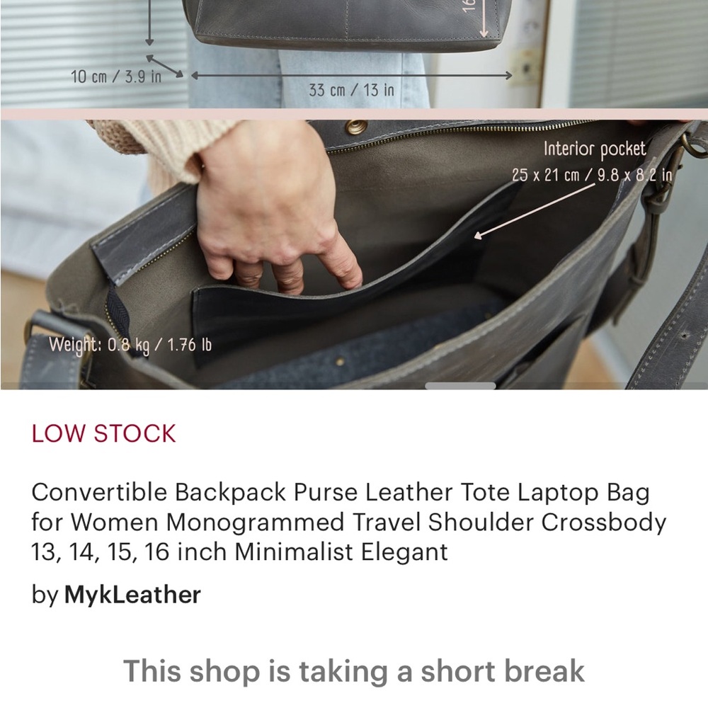 Convertible Backpack Purse Leather Tote Laptop Bag Minimalist Elegant gray - Picture 5 of 5